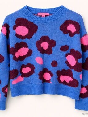 Lilly Pulitzer Blue Crewneck Sweater with Pink and Burgundy Floral Pattern